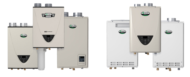 The image shows three condensing tankless water heaters on the left and three non-condensing tankless water heaters on the right. Both sets of tankless water heaters are from A.O. Smith. 