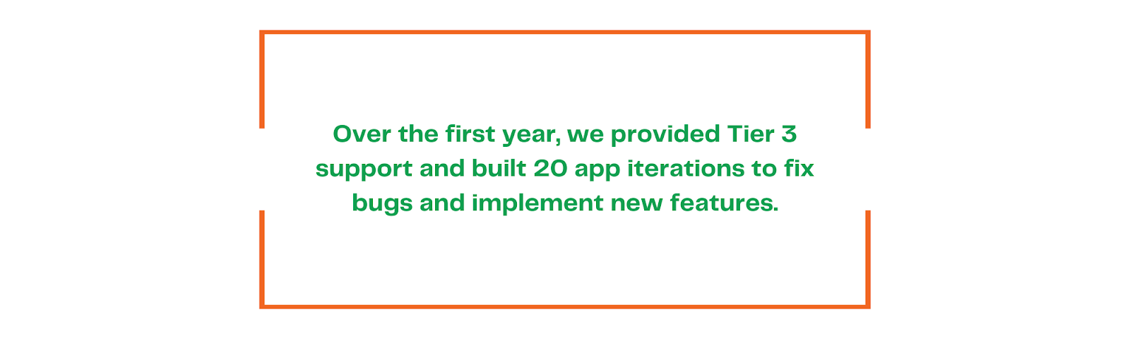 Over the first year, we provided Tier 3 support and built 20 app iterations to fix bugs and implement new features.