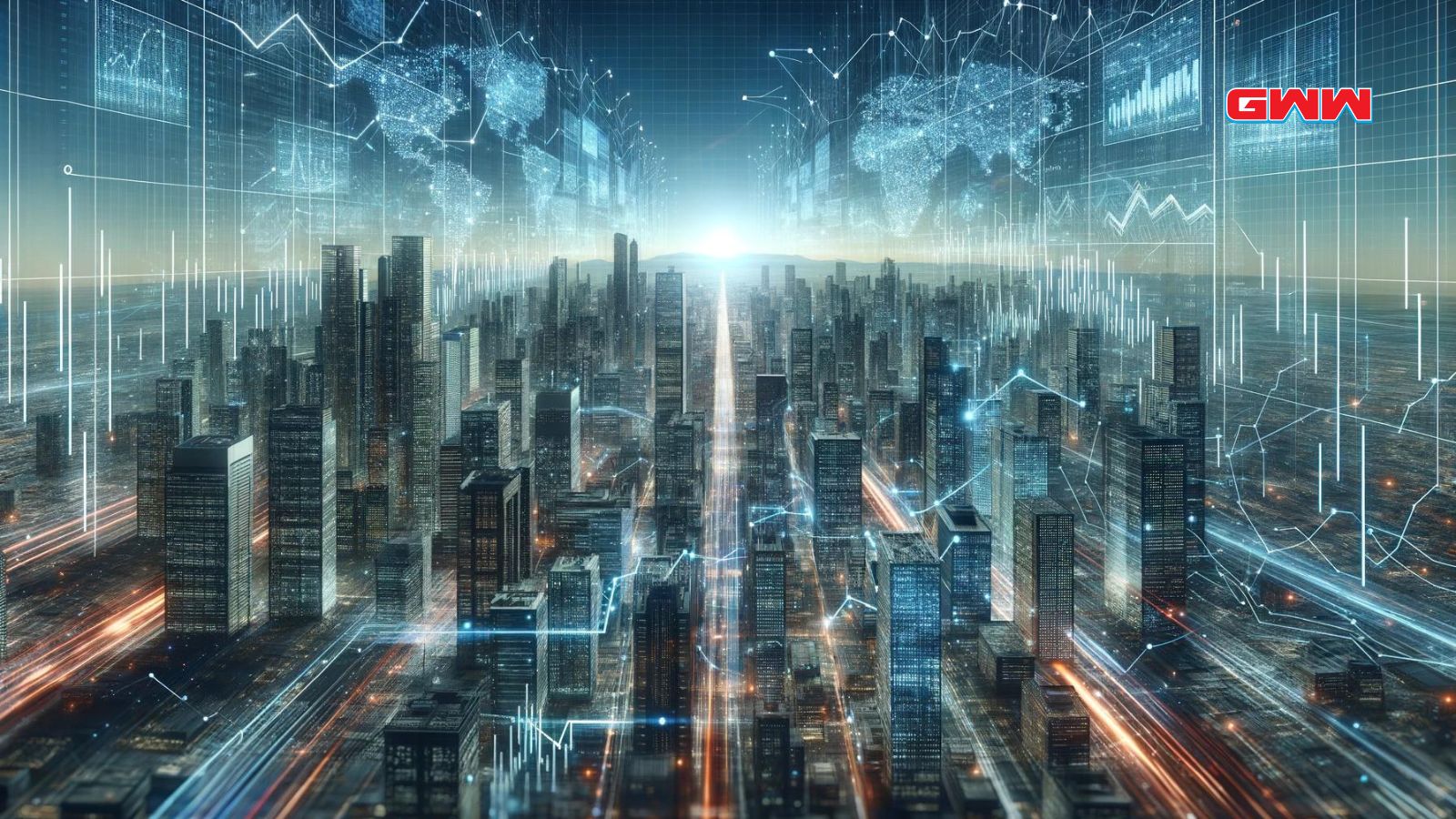Futuristic cityscape showing dynamic market data