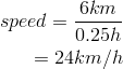  speed=\frac{6km}{0.25 h}\\=24km/h