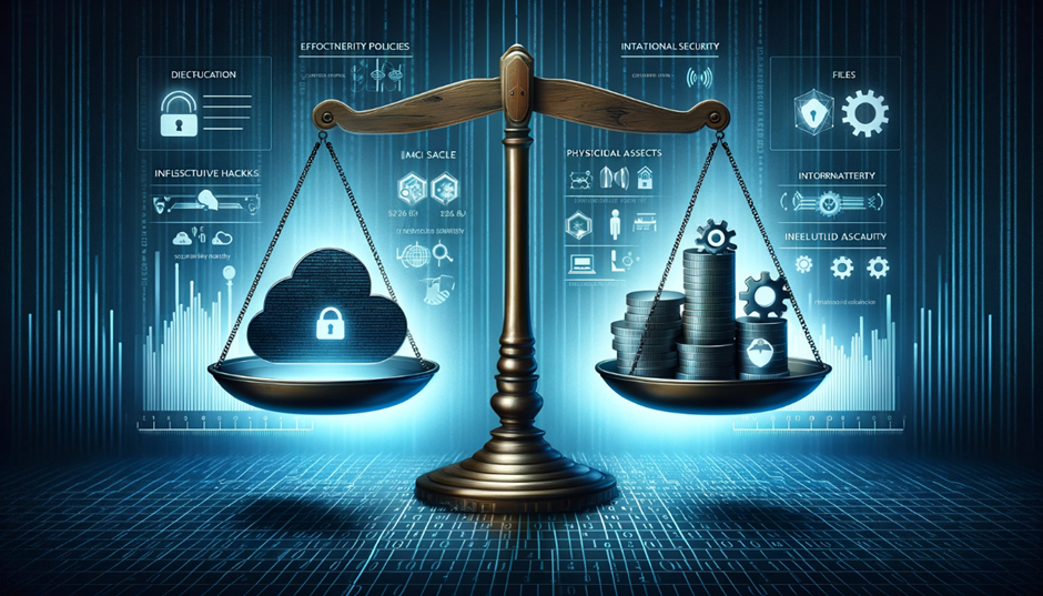 A conceptual digital image presenting a balance scale with a cloud and padlock representing digital security on one side and stacks of coins on the other, against a backdrop of cyber-related motifs.