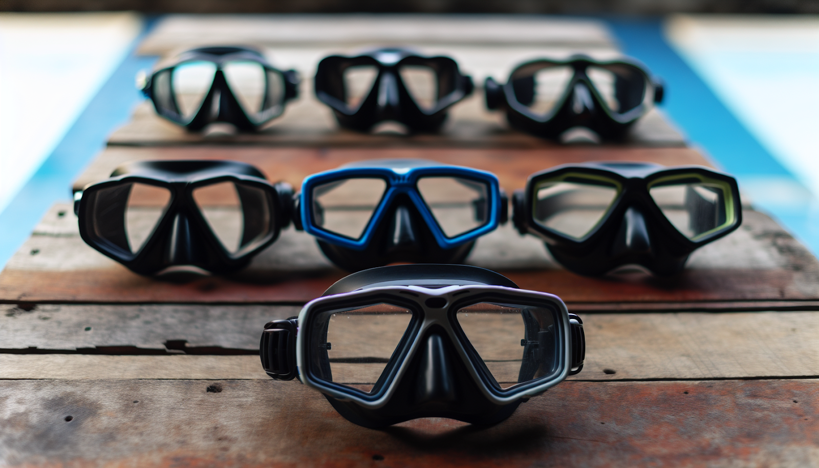 Various types of scuba goggles on wooden 