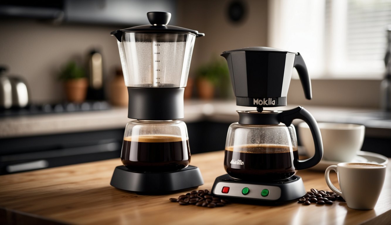 A Bialetti Moka Express 6-cup coffee maker sits on a kitchen counter, surrounded by coffee beans, a bag of sugar, and a steaming cup of espresso