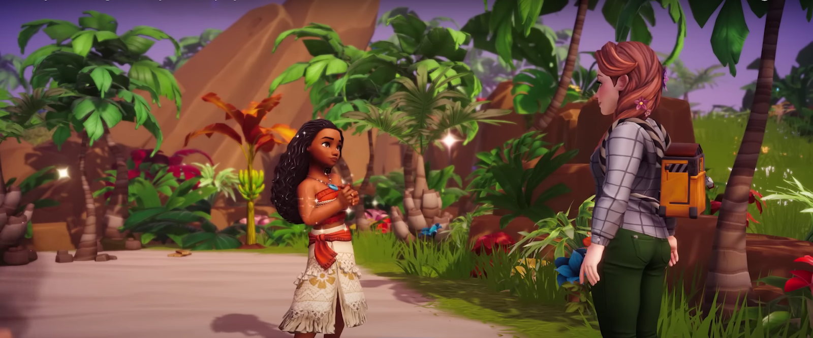 A trailer screenshot of the player character and Moana from Disney Dreamlight Valley