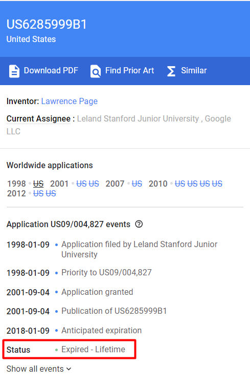 A snapshot showing the expiry date of Google's PageRank Patent.