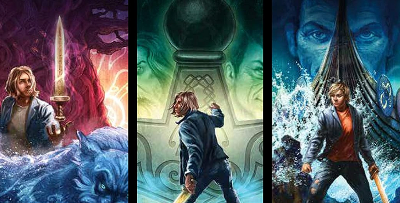 Recorte das capas dos 3 títulos de "Magnus Chase e os Deuses de Asgard", por Rick Riordan.