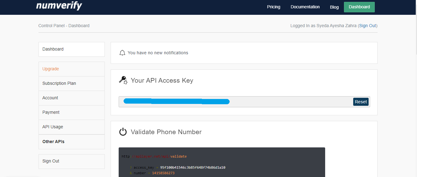Numverify website API key access