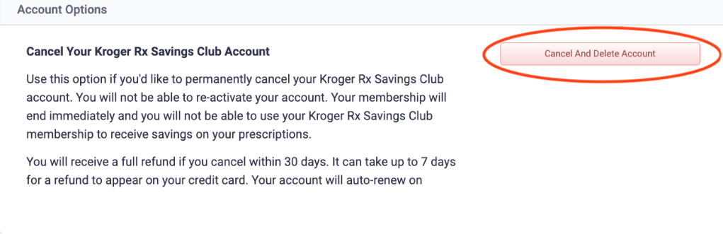 Delete an Account from Kroger goto setting
