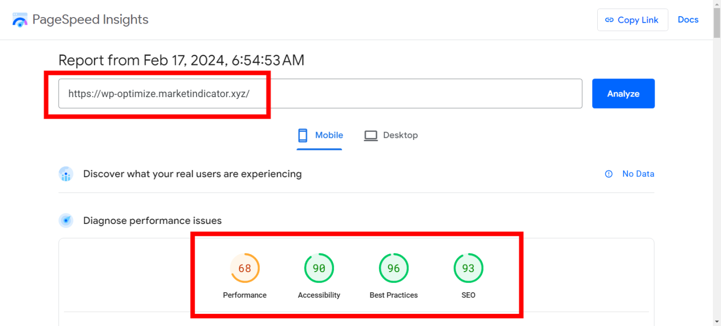 Performance of Site on Google PageSpeed Insights BEFORE activating WP-Optimize