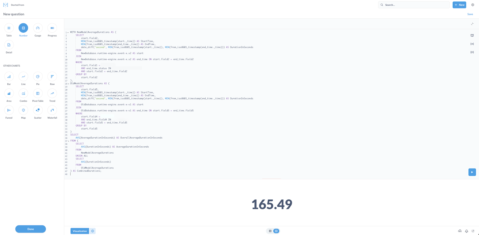 Illustration: This is the third example of the SQL query displayed on the dashboard. It returns a value of 165.49.