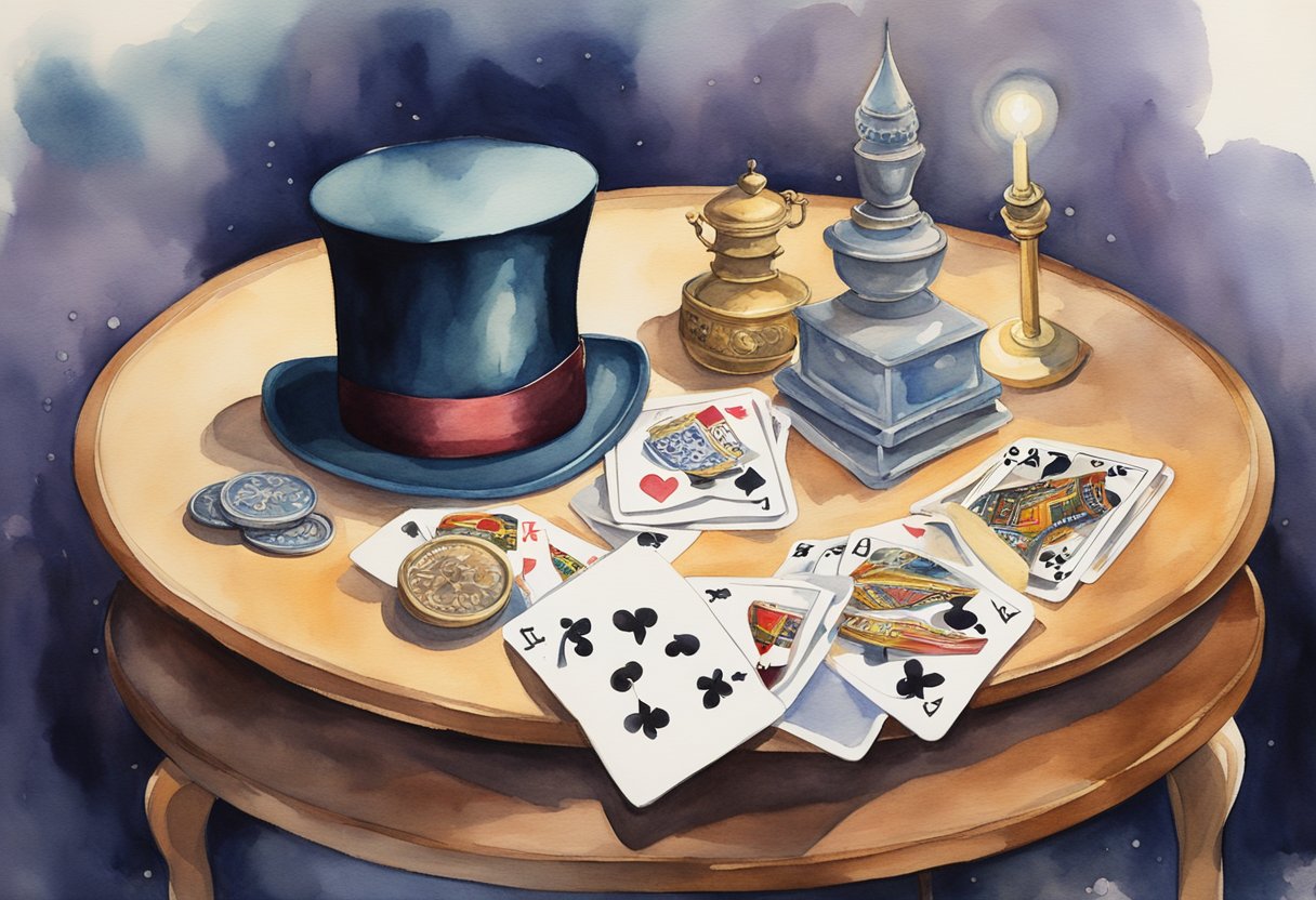 A magician's table covered in props, a deck of cards, and a top hat. A spotlight shines on the table, creating a sense of mystery and wonder