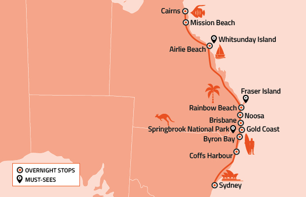 Australia east coast road trip itinerary map
