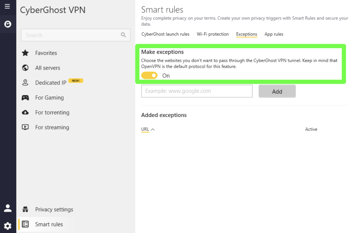 Screenshot showing how to make exceptions in the CyberGhost VPN for Windows app