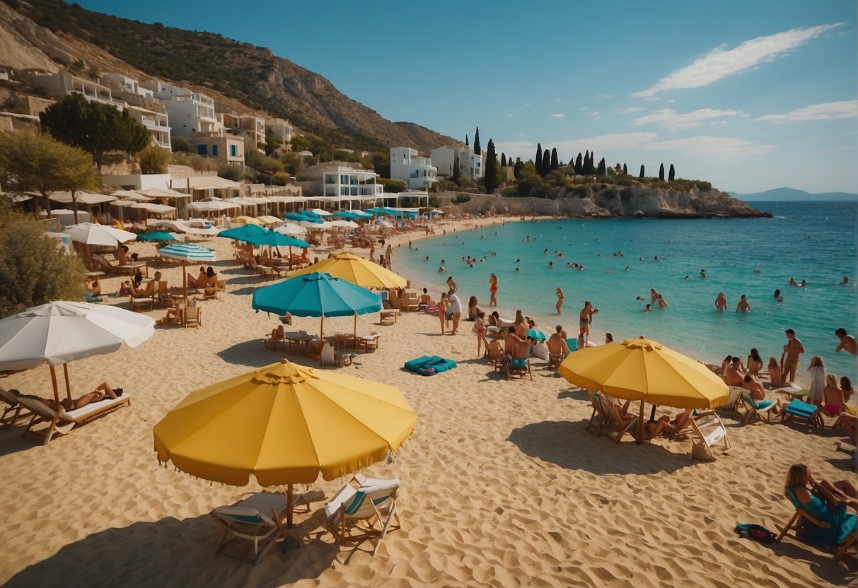 Sunbathers relax on golden sand, while others play beach volleyball and swim in turquoise waters at the best beaches in Greece