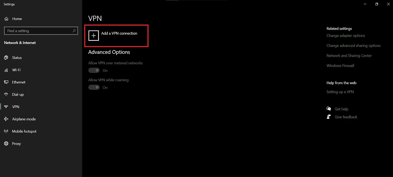 Windows VPN network settings menu