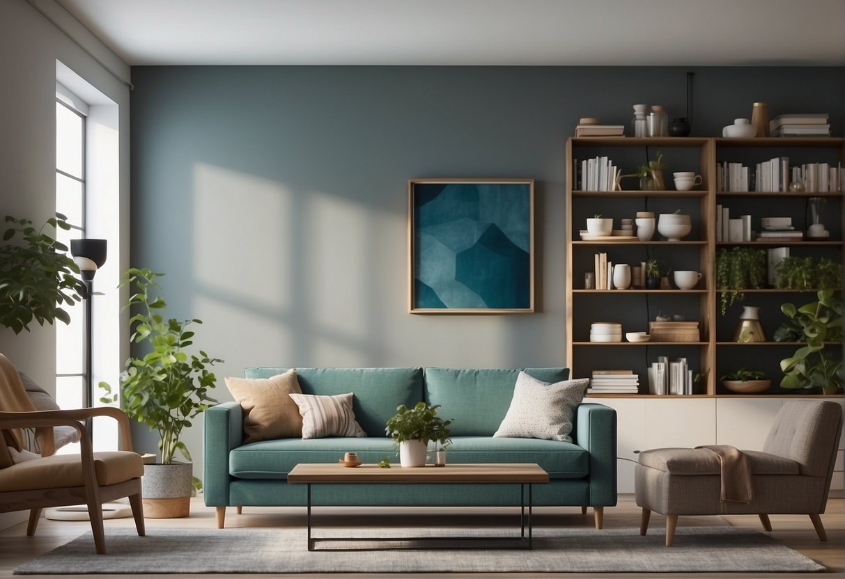 A tidy, well-lit living room with freshly painted walls, decluttered shelves, and strategically placed furniture to create an inviting atmosphere