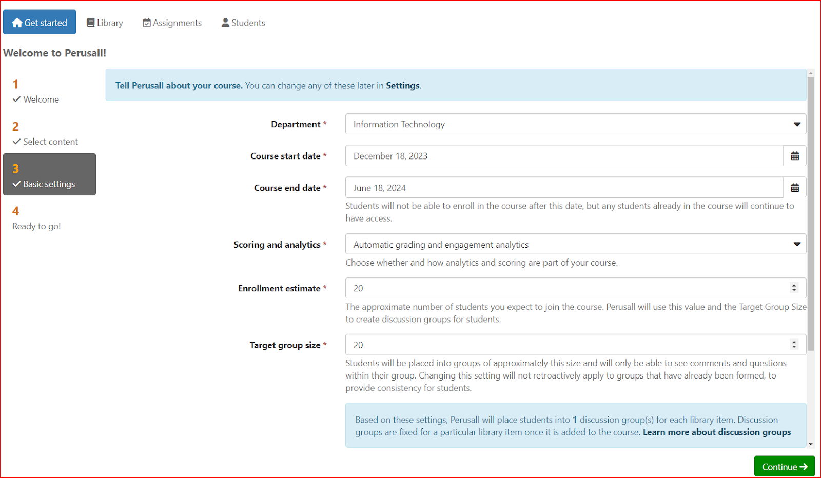 Basic settings section with course options