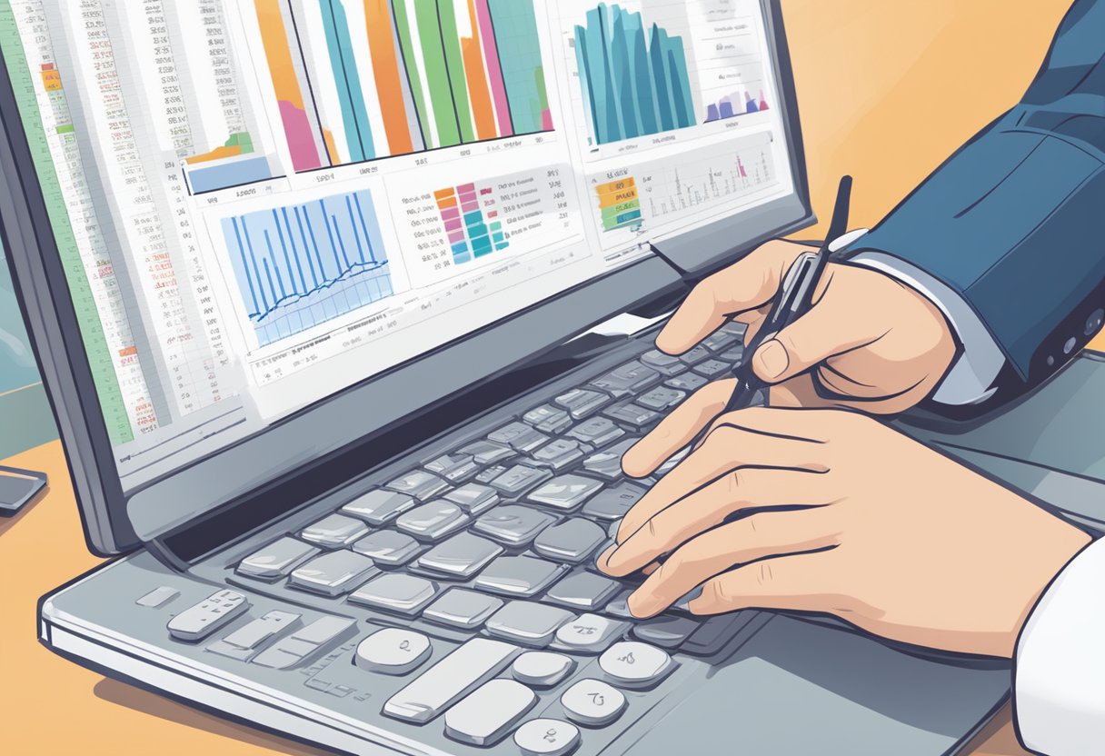 Financial spreadsheets in use, with numbers and charts visible. A computer screen displays a budget overview, while a hand enters data on a keyboard