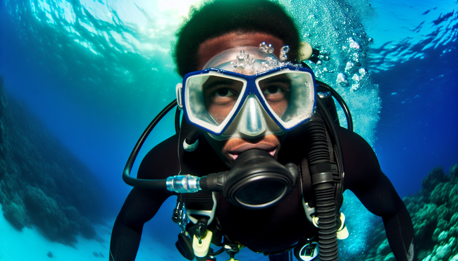 Professional diver wearing a full face scuba goggles