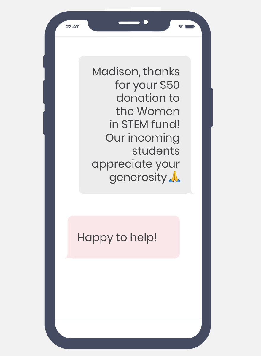 A phone screen showing a thank-you text message and a response that reads “Happy to help!”
