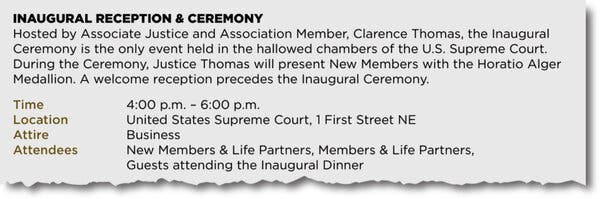 A document excerpt gives event details and reads: “Inaugural Reception Ceremony. Hosted by Associate Justice and Association Member, Clarence Thomas, the Inaugural Ceremony is the only event held in the hallowed chambers of the U.S. Supreme Court. During the Ceremony, Justice Thomas will present New Members with the Horatio Alger Medallion. A welcome reception precedes the Inaugural Ceremony.”