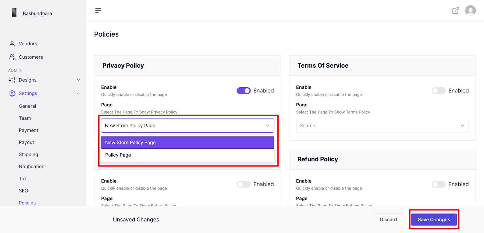 A screenshot to save changes on privacy policy page
