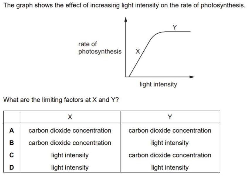 The correct answer is C. In the X segment, the rate of photosynthesis is determined by the light intensity because as we increase it, the rate increases. However, in the Y segment, light intensity cannot be the limiting factor since its increase or decrease does not affect the rate of reaction. Hence, some other factors like CO2 concentration must be the limiting factor there!