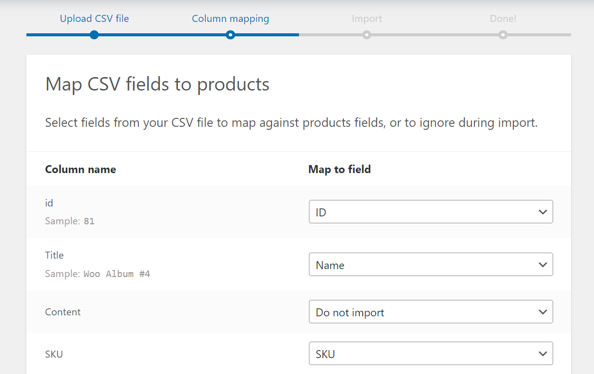 map CSV fields