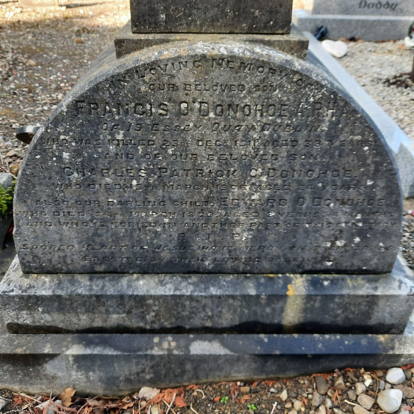 A photograph of the gravestone of Francis O'Donohoe and his family in Glasnevin Cemetery, County Dublin.