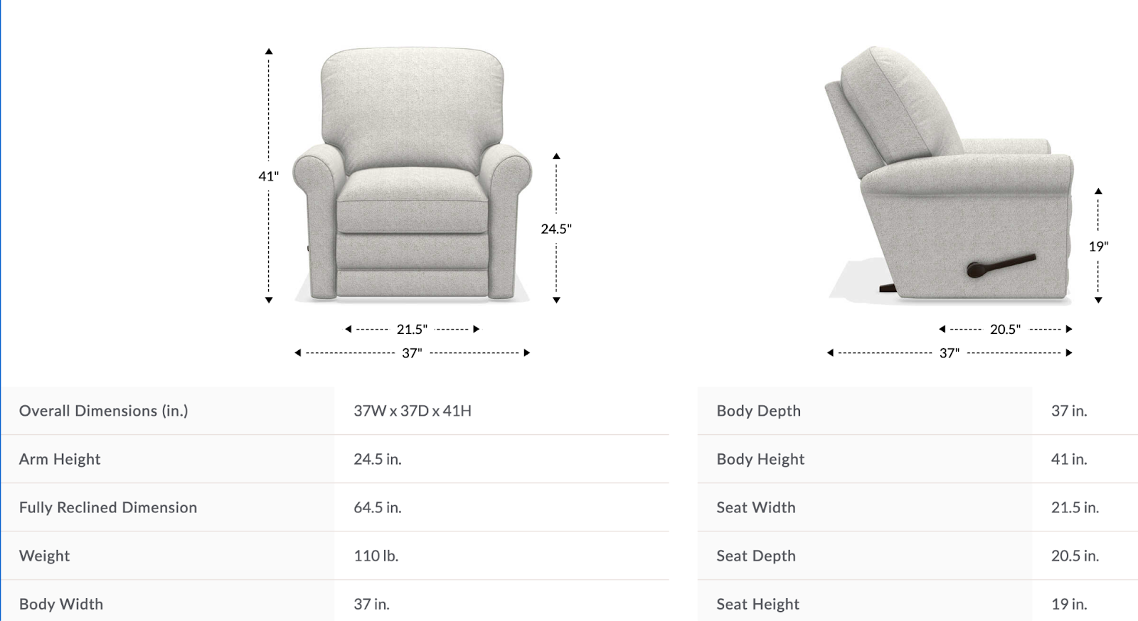 addison gliding recliner size and dimensions