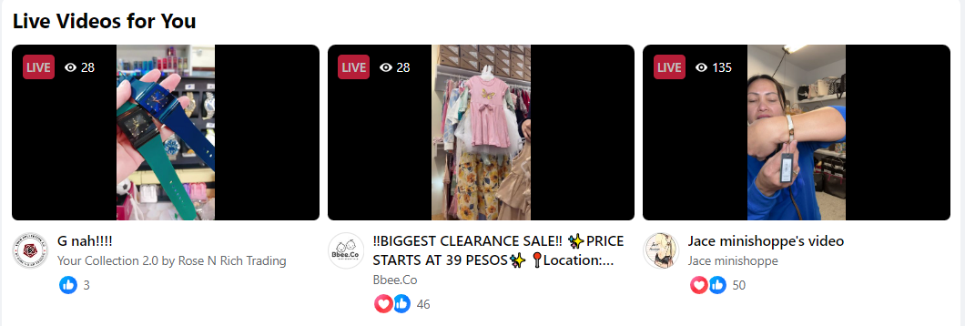 Three live videos showcasing their products; one for watches, one showing a clearance sale, and the last some jewelry like bracelets.