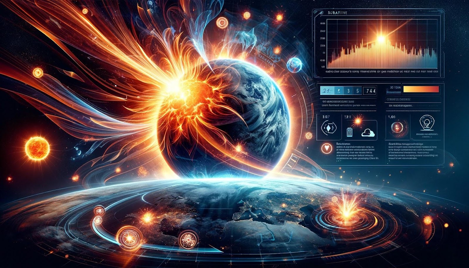 Futuristic digital poster illustrating solar flares impacting Earth, showcasing a vibrant Sun with a flare, Earth with a digital shield, icons for technological disruptions, a sleek Sun's activity cycle graph, and digital text panels on flare studies.