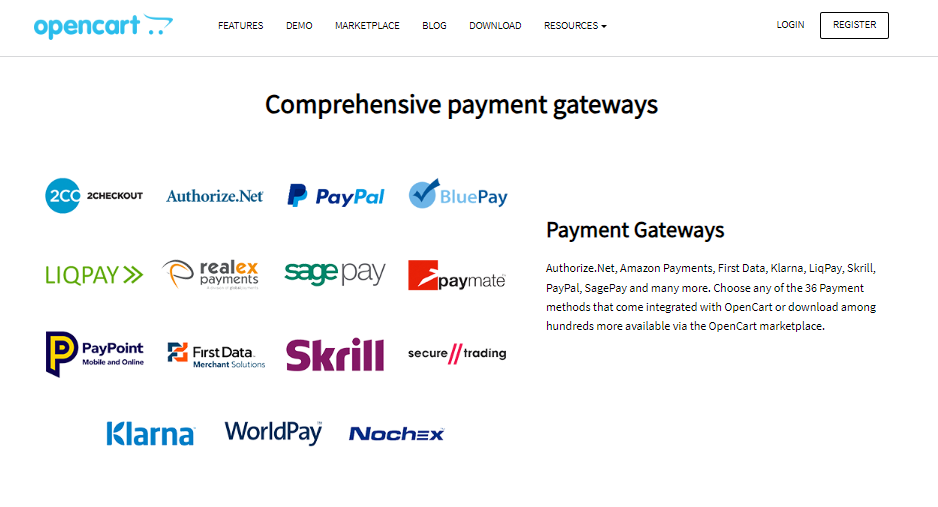 OpenCart has comprehensive payment gateways such as Skrill, PayPal, Klarna, etc.