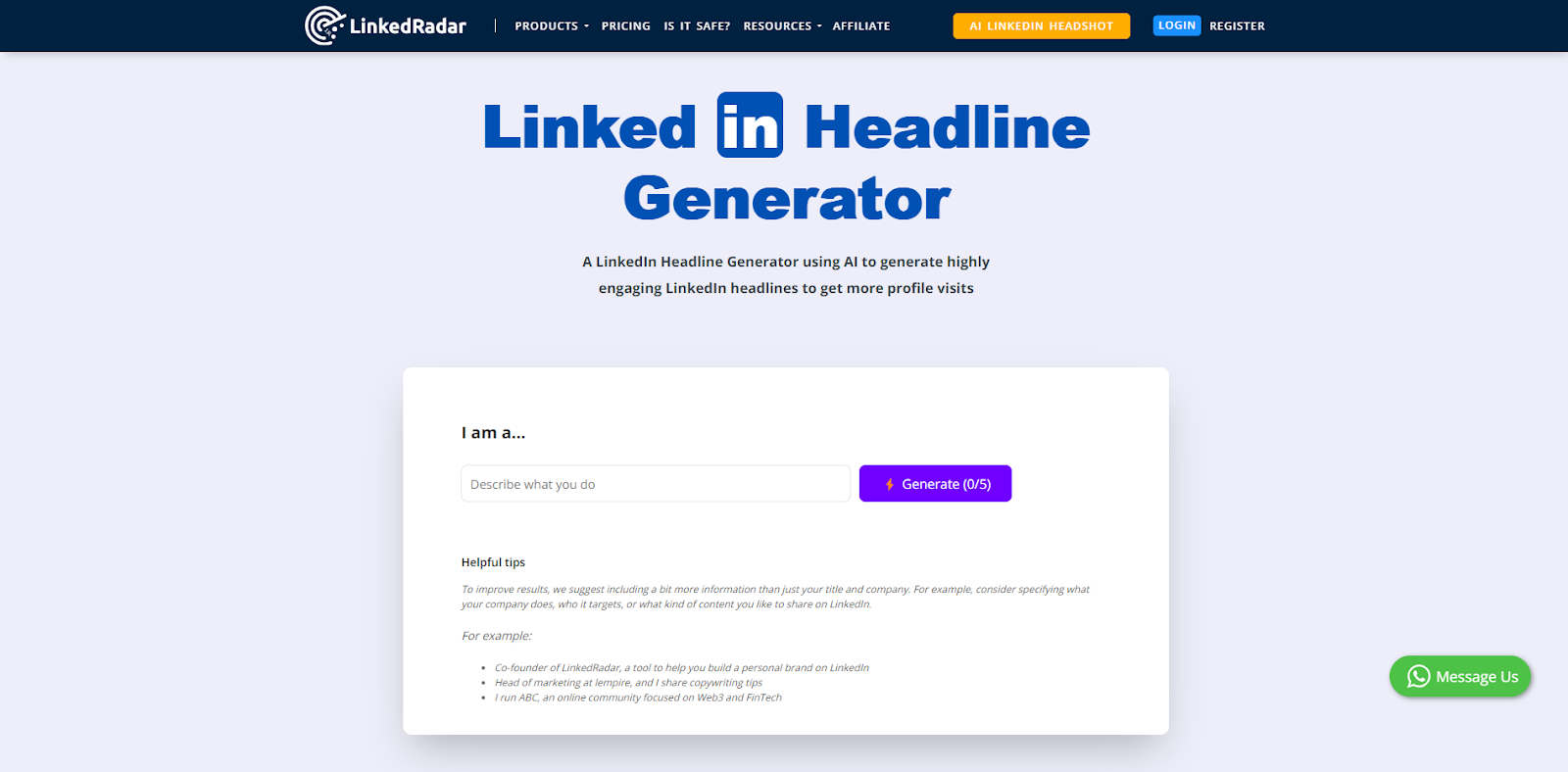 Linked Radar LinkedIn Headline Generator 