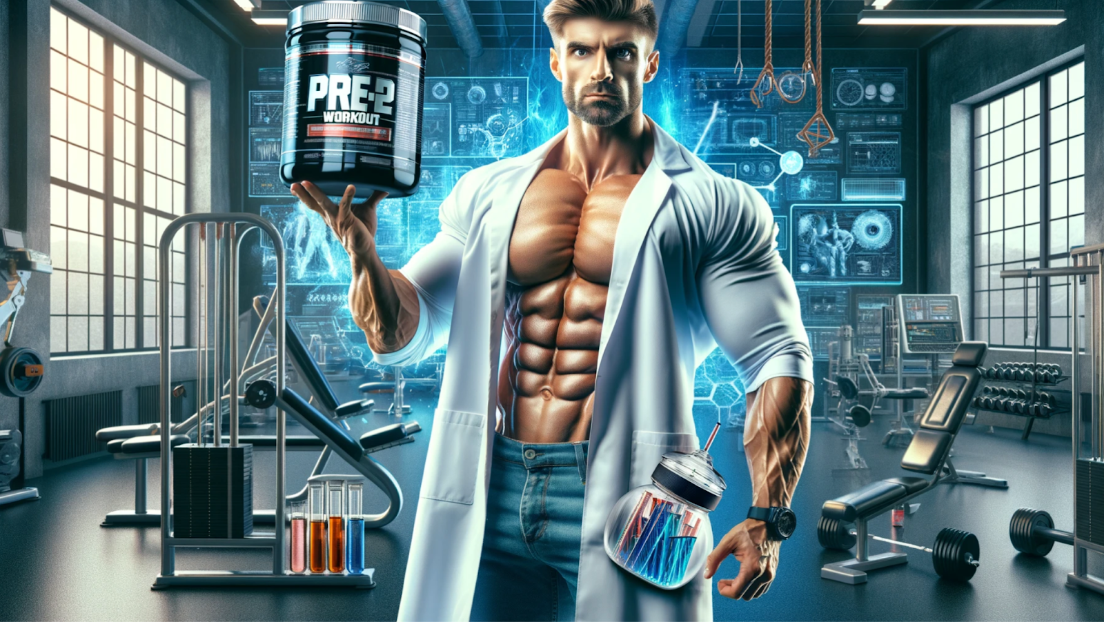 AI generated of man in a lab coat holding pre-workout supplement