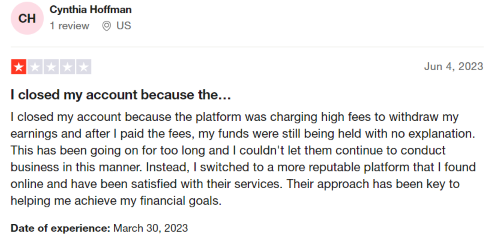 A 1-star review from a former Streetbeat customer who closed their account because they were charged high fees to withdraw funds and still couldn't get their money.