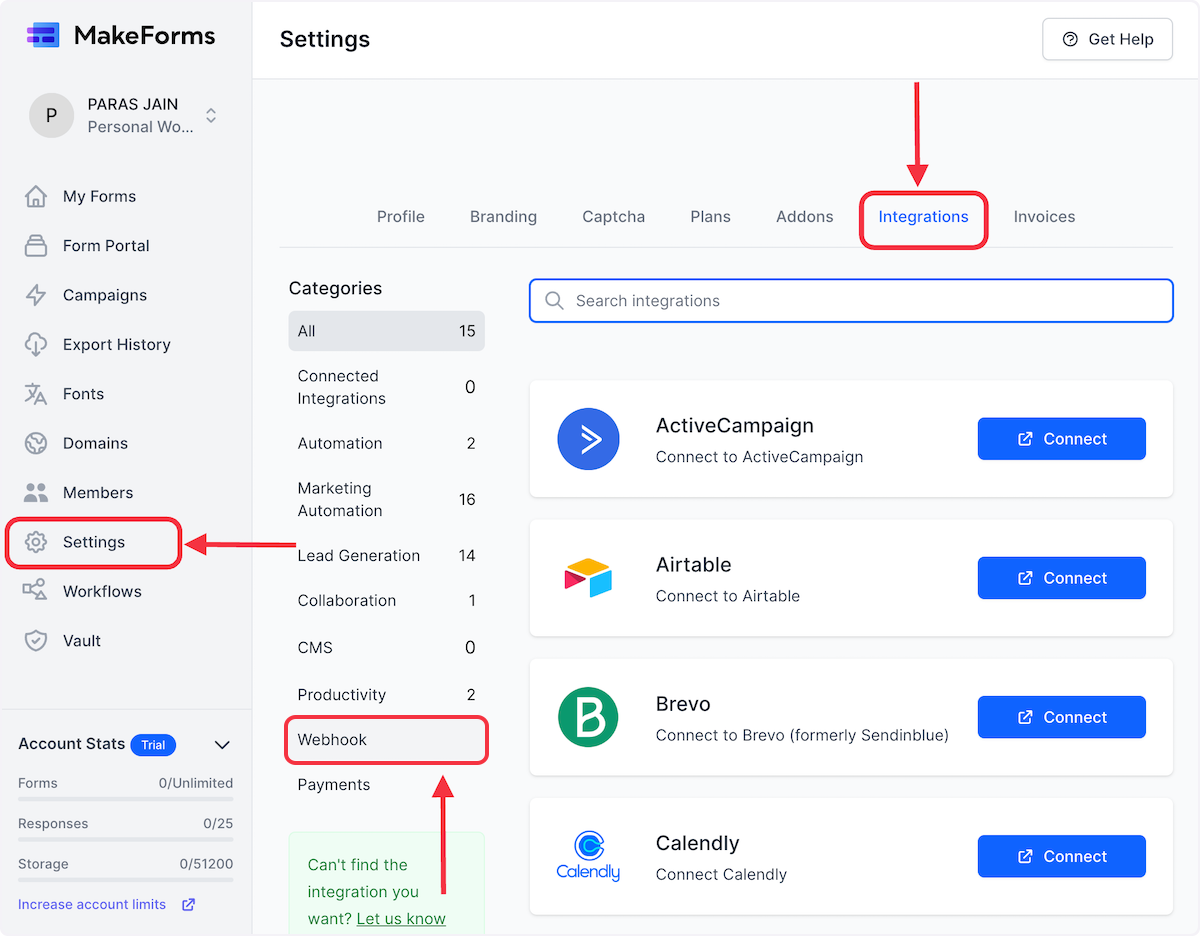 Then navigate to Settings > Integrations > Webhooks. 