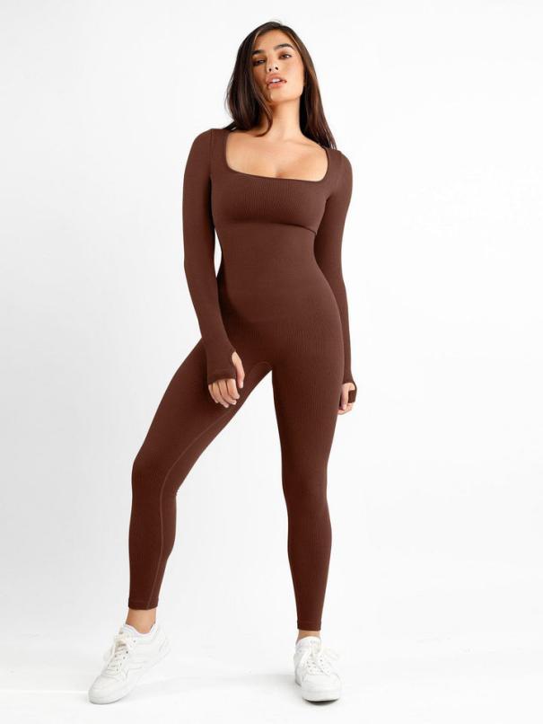 Popilush® Yoga Activewear Jumpsuit Long-Sleeve Jumpsuit / Brown / S Seamless Square Neck One Piece Sport Jumpsuit Or Romper