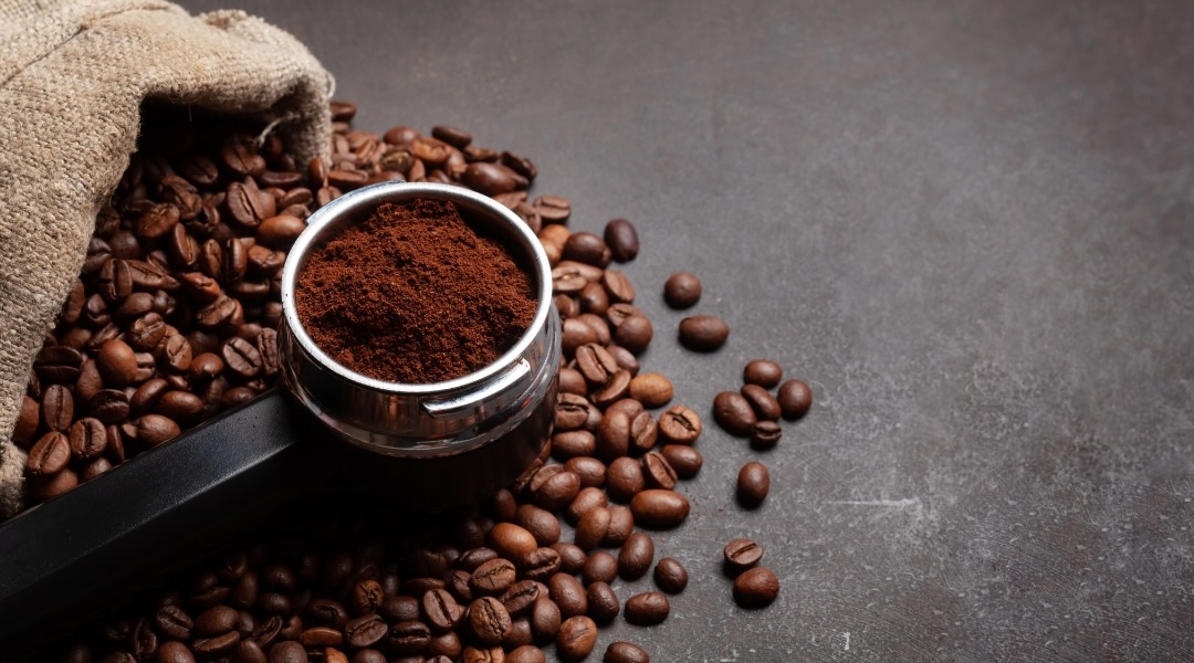 Coffee beans and ground coffee on gray surface