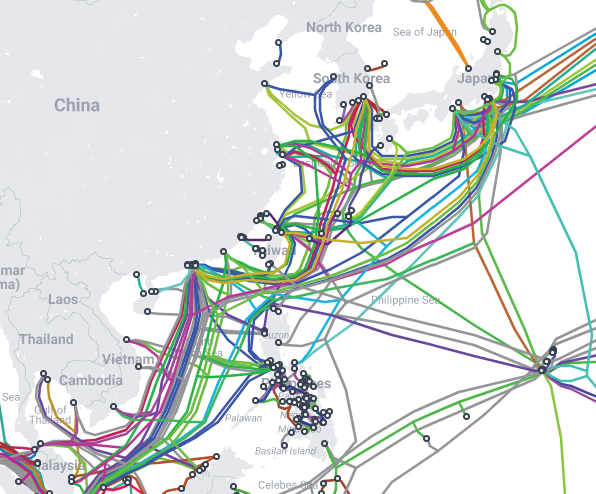 Map showing the underwater cables running between China, Korea, Japan, Thailand, and more