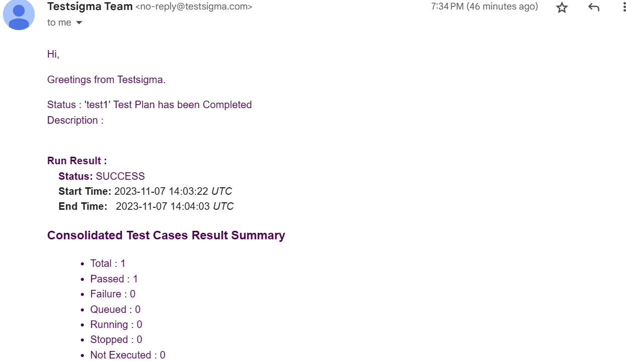 Test case result summary