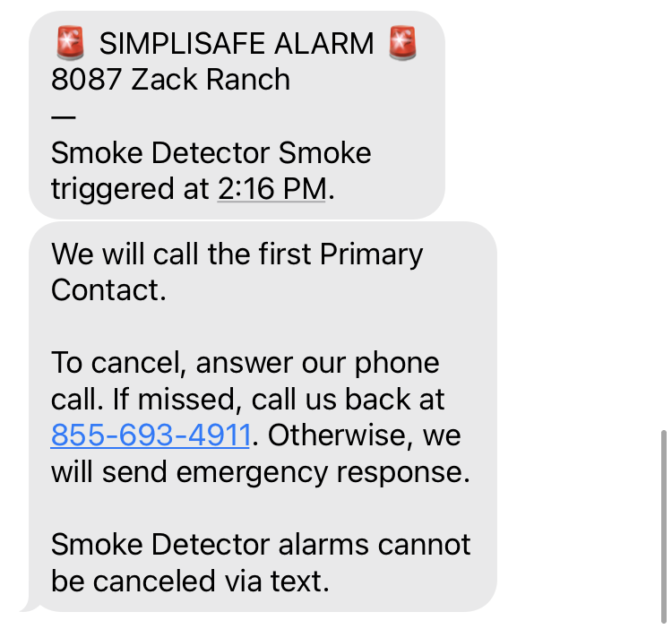 Sample Alarm Text of Smoke Detector trigger message with call note saying Primary contact will be called.  Cancelled via text message is not accepted in order to ensure safety.