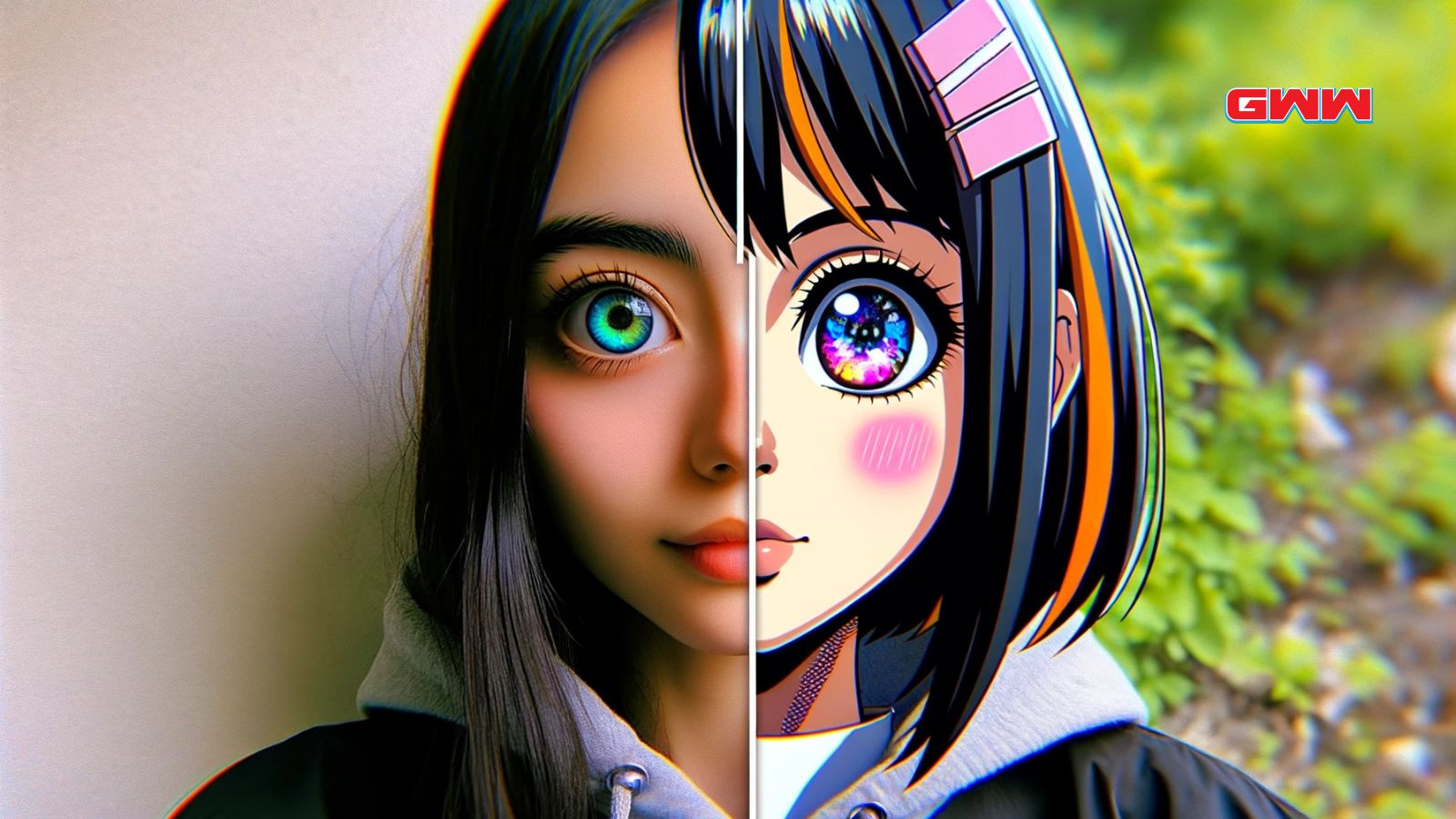 Split-view of photo transformed with anime filter.