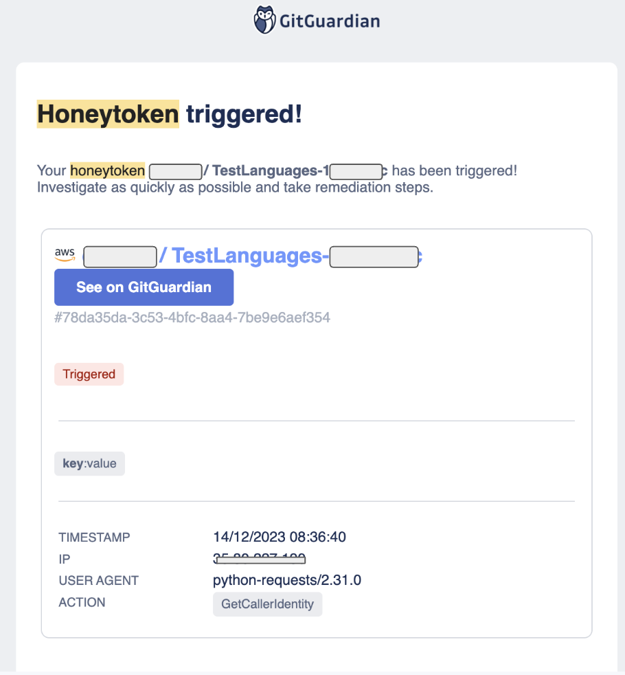 Example honeytoken triggered email from GitGuardian