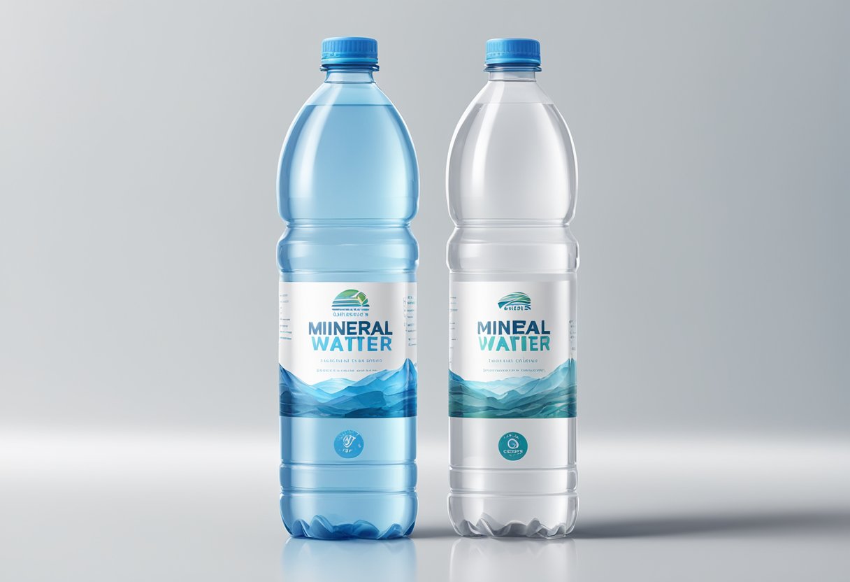 A comparison of two water bottles, one labeled "Mineral Water" and the other "Filtered Water," placed side by side on a clean, white surface