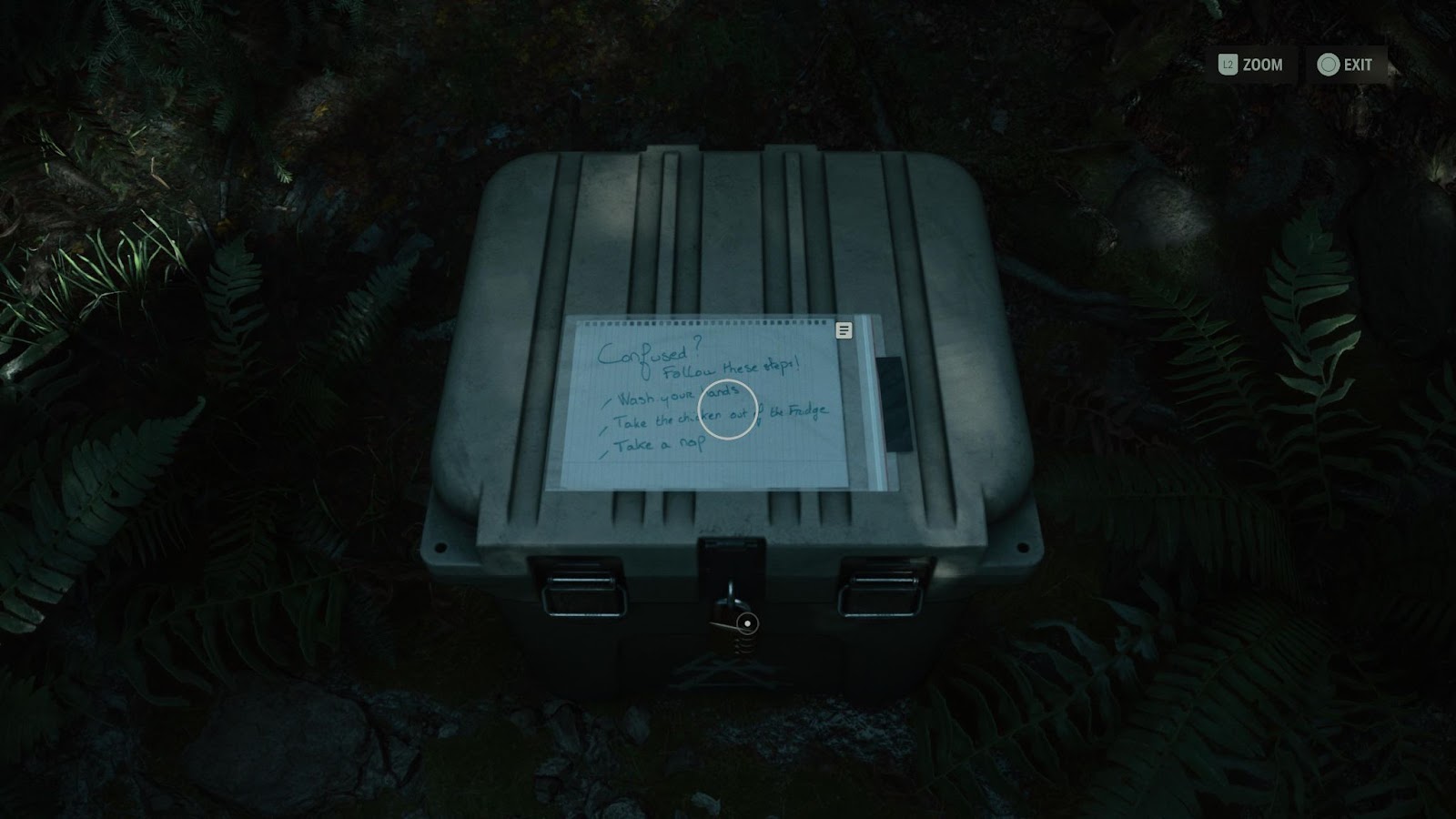 An in game screenshot of the cultist stash near the house in Cauldron Lake from Alan Wake II. 