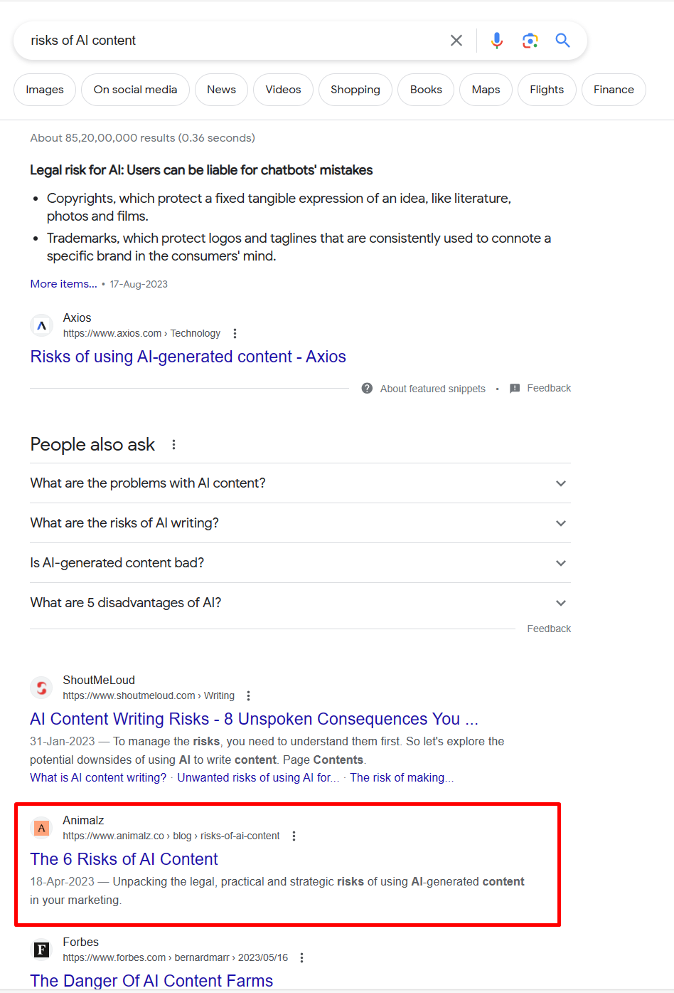 Animalz (agency) on SERP