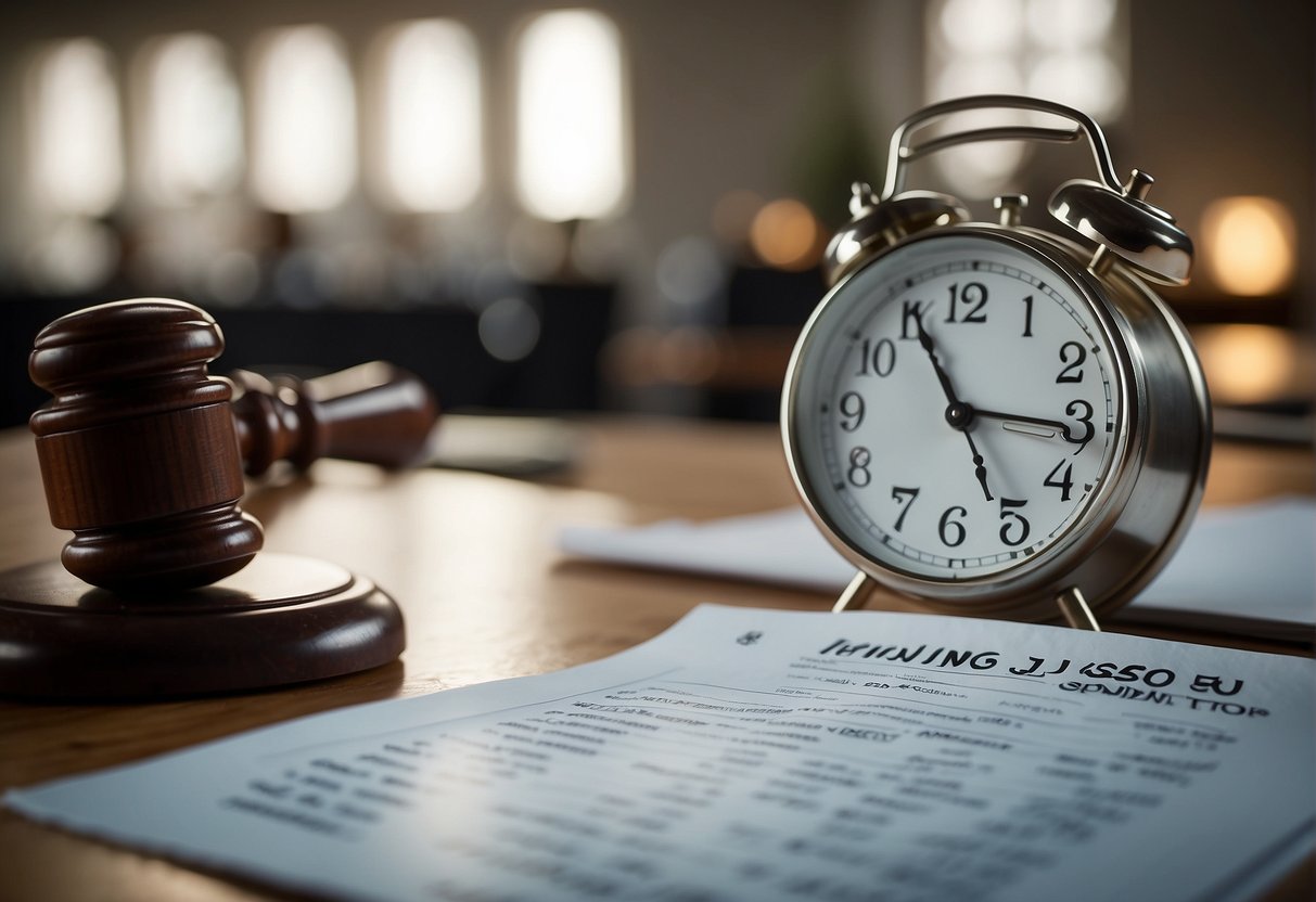 The scene shows a clock ticking past a deadline, with a calendar showing the expiration date of a personal injury claim in New Jersey. The image conveys the consequences of missing the statute of limitations