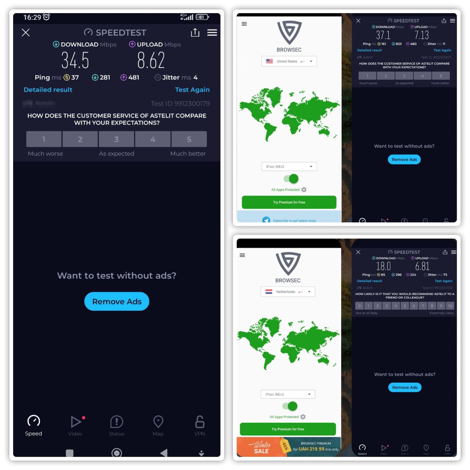 Speed test of Browsec VPN for Android
